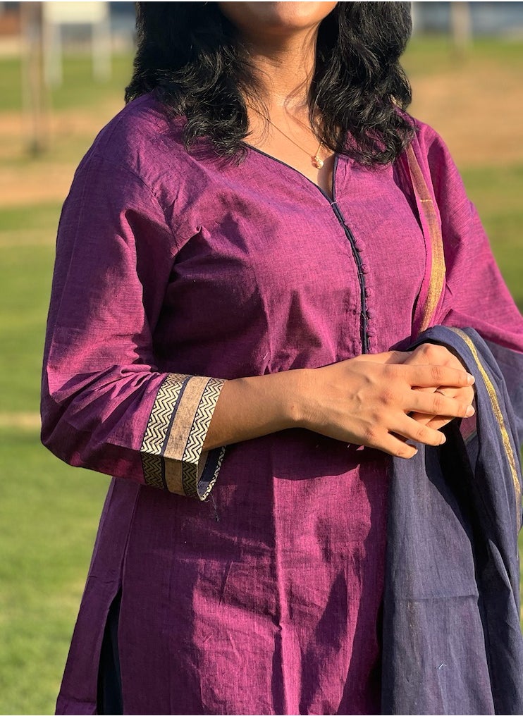 IndHeritage - IndHeritage -  Eid kurti set collection - Premium cotton 3pc kurti set / salwar set - Purple colour women's 3pc kurti / kurta set with kasavu prints - Indian Kurti Set IDH00166 - Image 1