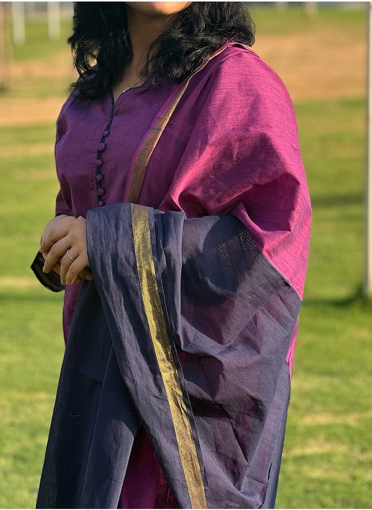 IndHeritage - IndHeritage -  Eid kurti set collection - Premium cotton 3pc kurti set / salwar set - Purple colour women's 3pc kurti / kurta set with kasavu prints - Indian Kurti Set IDH00166 - Image 1