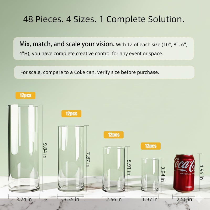 Sandraheer 48-Pack Clear Glass Cylinder Vases, 4 Sizes (4/6/8/10 Inch) - Hurricane Floating Candle Holders & Flower Vases for Wedding, Table Centerpiece, Home DÃ©cor - Image 2