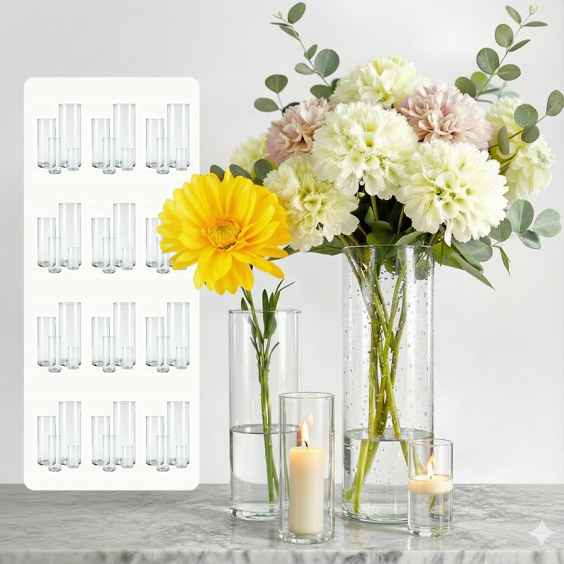 Sandraheer 48-Pack Clear Glass Cylinder Vases, 4 Sizes (4/6/8/10 Inch) - Hurricane Floating Candle Holders & Flower Vases for Wedding, Table Centerpiece, Home DÃ©cor - Image 1