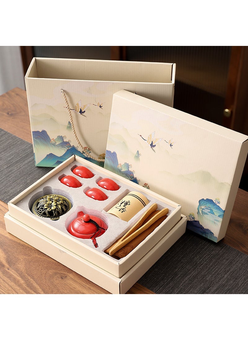 National tide Chinese style business gifts tea set celadon Xi Shi Pot 1 pot 4 cups incense burner sandalwood combination set logo New National Tide Chinese Red + Tea Towel Tea Clip