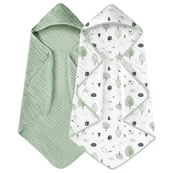 Yoofoss Hooded Baby Bath Towels 2 Pack - 100% Muslin Organic Cotton, Soft & Absorbent for Newborn, Babies, Toddlers, 32x32 Inch, Beige & Coffee