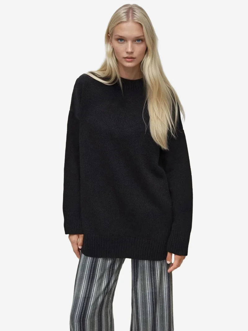 HICCUP Thick Knit Crew Neck Long Sweater