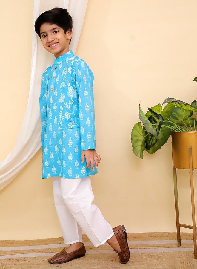 AJ DEZINES Kids Cotton Full Sleeve Floral Printed Blue Kurta Pajama Set for Boys - Ethnic wear | Special Occasion & Party Outfit |Kurta Set for Boys - Regular Fit (Twister-1271-BLUE-7-8Y-7) - Image 5
