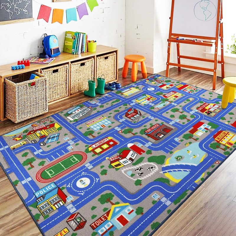 Capslpad Blue Car Road Kid Rug Carpet Playmat for Playoom Traffic Road Kids Play Mat for Toddler Non Slip Washable City Map Race Track Carpet Rug for Kids Room Bedroom Nursery Room Decor,5'x 6'6" - Image 1