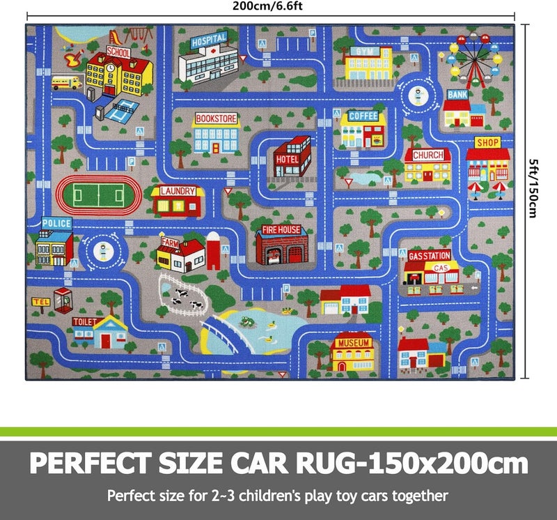 Capslpad Blue Car Road Kid Rug Carpet Playmat for Playoom Traffic Road Kids Play Mat for Toddler Non Slip Washable City Map Race Track Carpet Rug for Kids Room Bedroom Nursery Room Decor,5'x 6'6" - Image 2