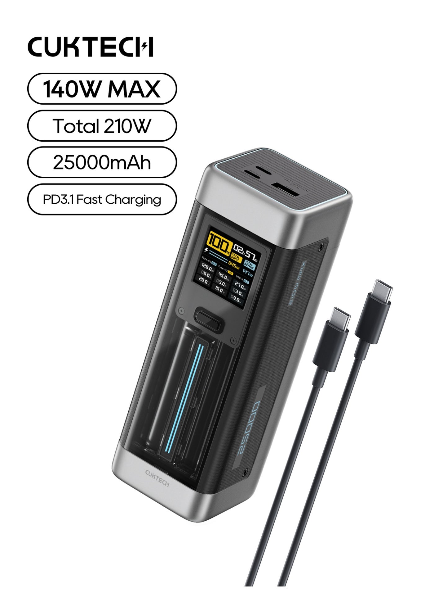 CUKTECH 20 Power Bank, 25000mAh Portable Charger 210W MAX PD 3.1 Fast Charging Battery Pack For Laptops, MacBook Pro, iPhone, Samsung & Steam Deck - Grey