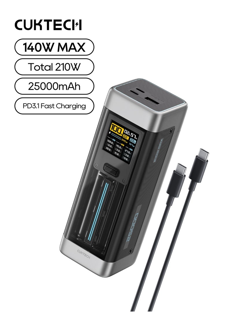 CUKTECH 20 Power Bank, 25000mAh Portable Charger 210W MAX PD 3.1 Fast Charging Battery Pack For Laptops, MacBook Pro, iPhone, Samsung & Steam Deck - Grey - Image 1