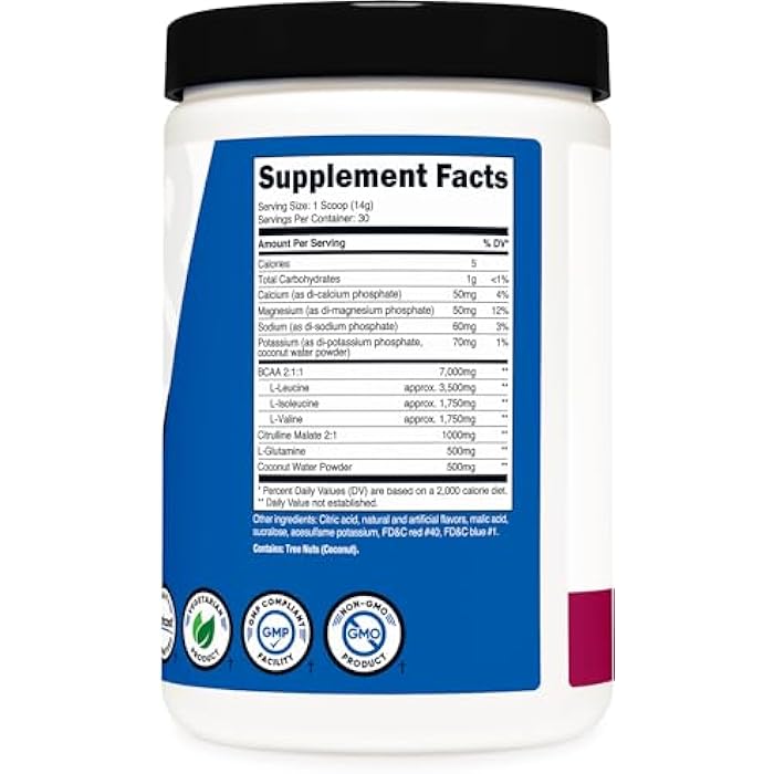Nutricost BCAA Active with Glutamie, Citrullie, and Coconut Hydration Powder (BlackBerry Plum) 30 Servings - Branched Chain Amino Acids with Hydration Complex - Gluten-Free, Non-GMO - Image 5
