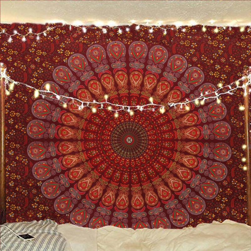 Bless International Handmade Indian hippie Bohemian Psychedelic Peacock Mandala Wall hanging College Dorm Beach Throws Table Cloth Bedding Tapestry (Maroon Yellow, Medium(54x60Inches)(137x152cms)) - Image 1