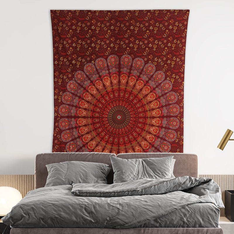Bless International Handmade Indian hippie Bohemian Psychedelic Peacock Mandala Wall hanging College Dorm Beach Throws Table Cloth Bedding Tapestry (Maroon Yellow, Medium(54x60Inches)(137x152cms)) - Image 2
