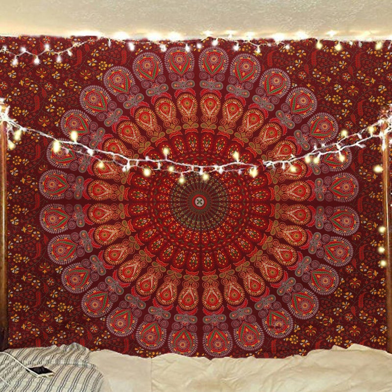 Bless International Handmade Indian hippie Bohemian Psychedelic Peacock Mandala Wall hanging College Dorm Beach Throws Table Cloth Bedding Tapestry (Maroon Yellow, Medium(54x60Inches)(137x152cms)) - Image 5