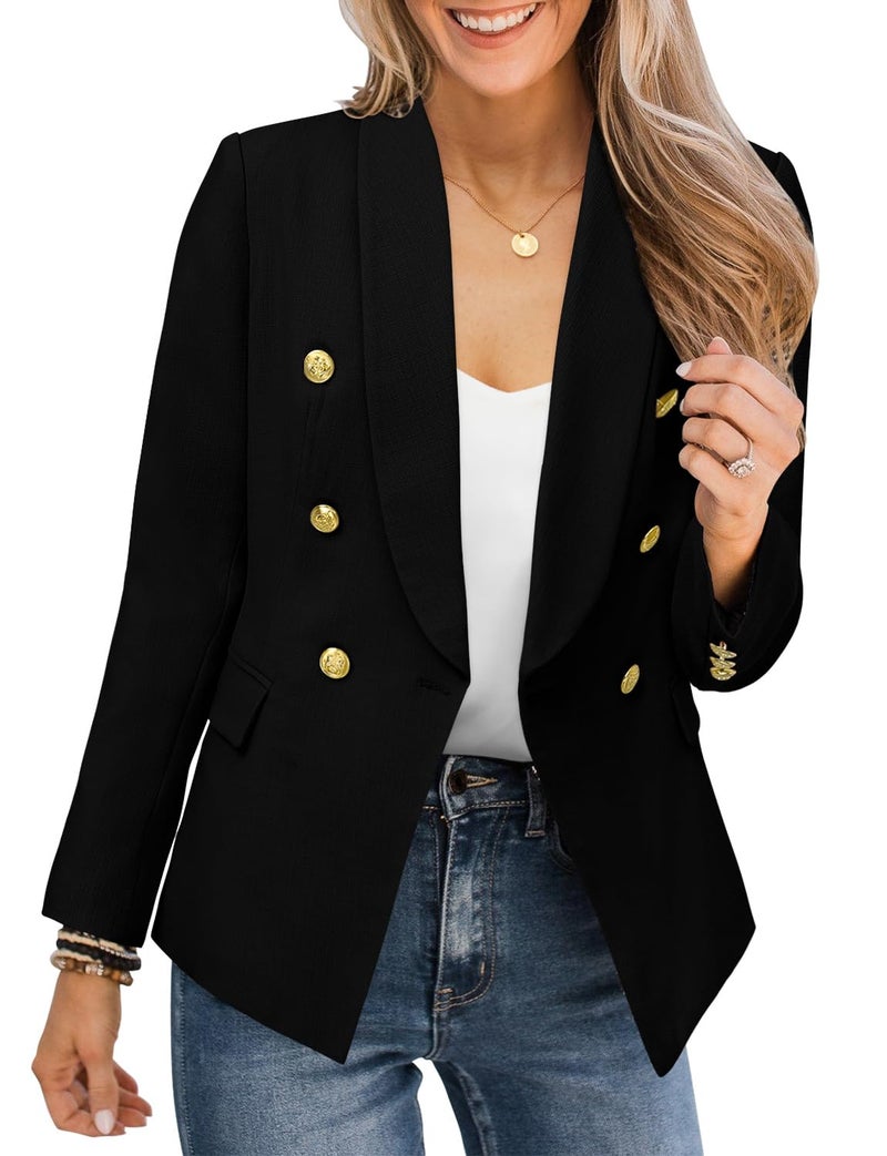 CRAZY GRID Women Business Casual Blazer Double Breasted Plus Size Blazer Jackets Fashion Gold Buttons Work Professional Suit Jacket 2XL Black - Image 1