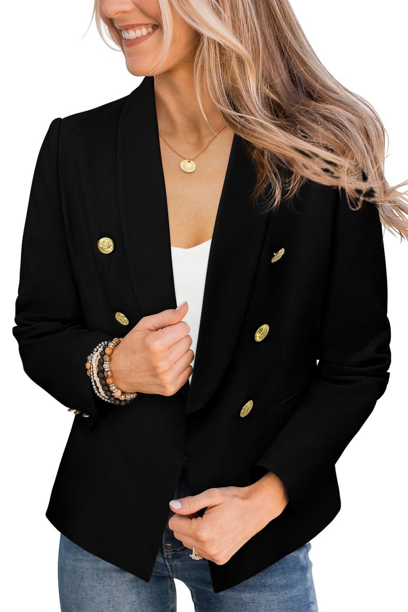 CRAZY GRID Women Business Casual Blazer Double Breasted Plus Size Blazer Jackets Fashion Gold Buttons Work Professional Suit Jacket 2XL Black - Image 2