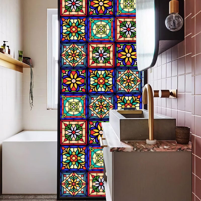 Heimerdinger Mexican Talavera Style Privacy Window Film Non-Adhesive Frosted Decorative Glass Film Static Cling Film for Bathroom Shower Room,Glass Film (Mexican Talavera 01) - Image 2