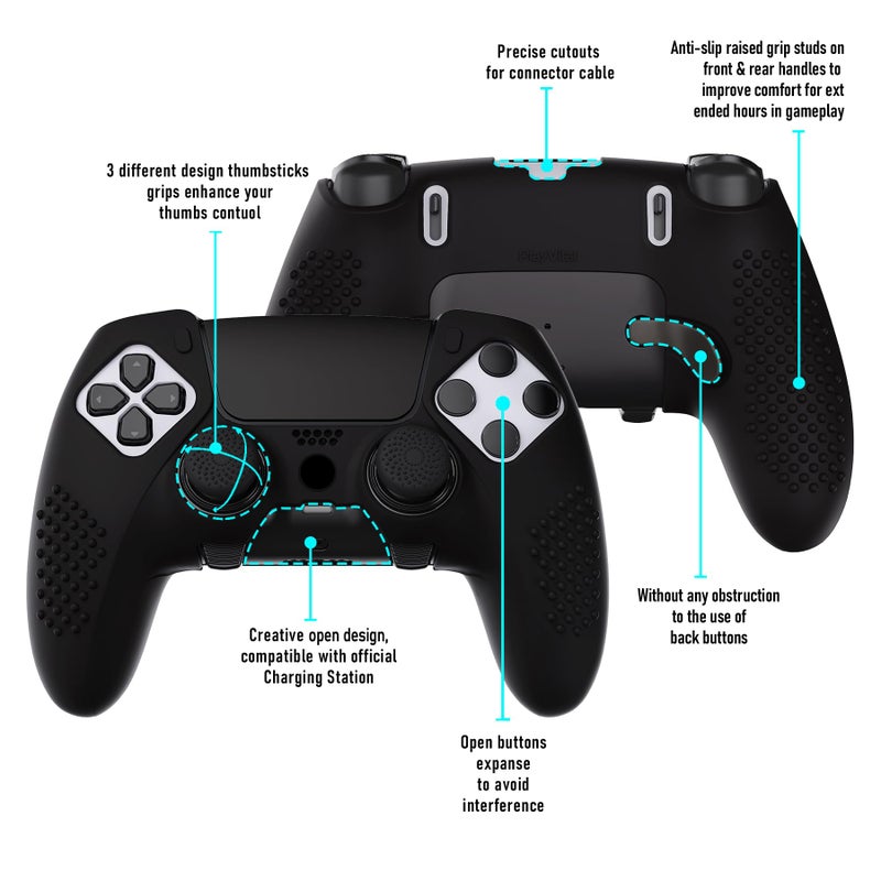 PlayVital 3D Studded Edition Anti-Slip Silicone Cover Case for ps5 Edge Controller, Soft Rubber Protector Skin for ps5 Edge Wireless Controller with 6 Thumb Grip Caps - Black - Image 3