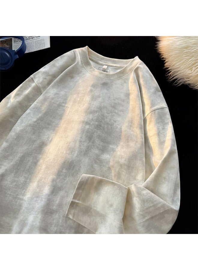 Vuug American Tie-dye Long Sleeve Men's Pure Cotton Printed Distressed Style Autumn Design T-shirt L Apricot No Print - Image 1