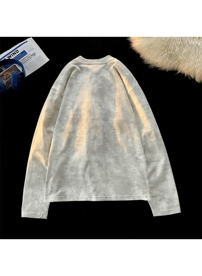 Vuug American Tie-dye Long Sleeve Men's Pure Cotton Printed Distressed Style Autumn Design T-shirt L Apricot No Print - Image 2