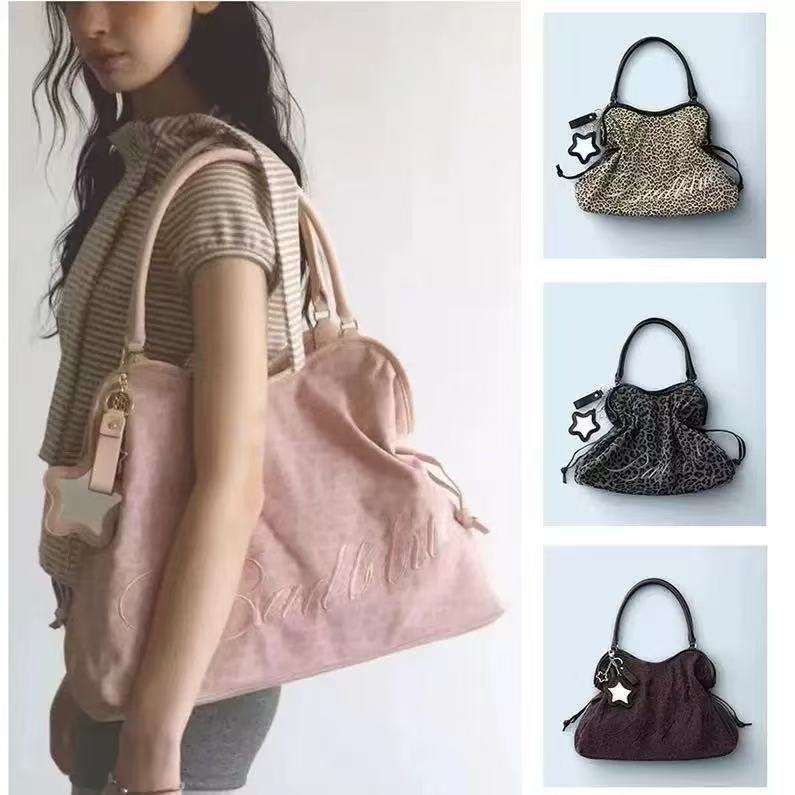Korean Style Women's Suede Shoulder Tote Bag with Star Mirror Pendant Leopard/Star/Polka Dot Y2K Handbag