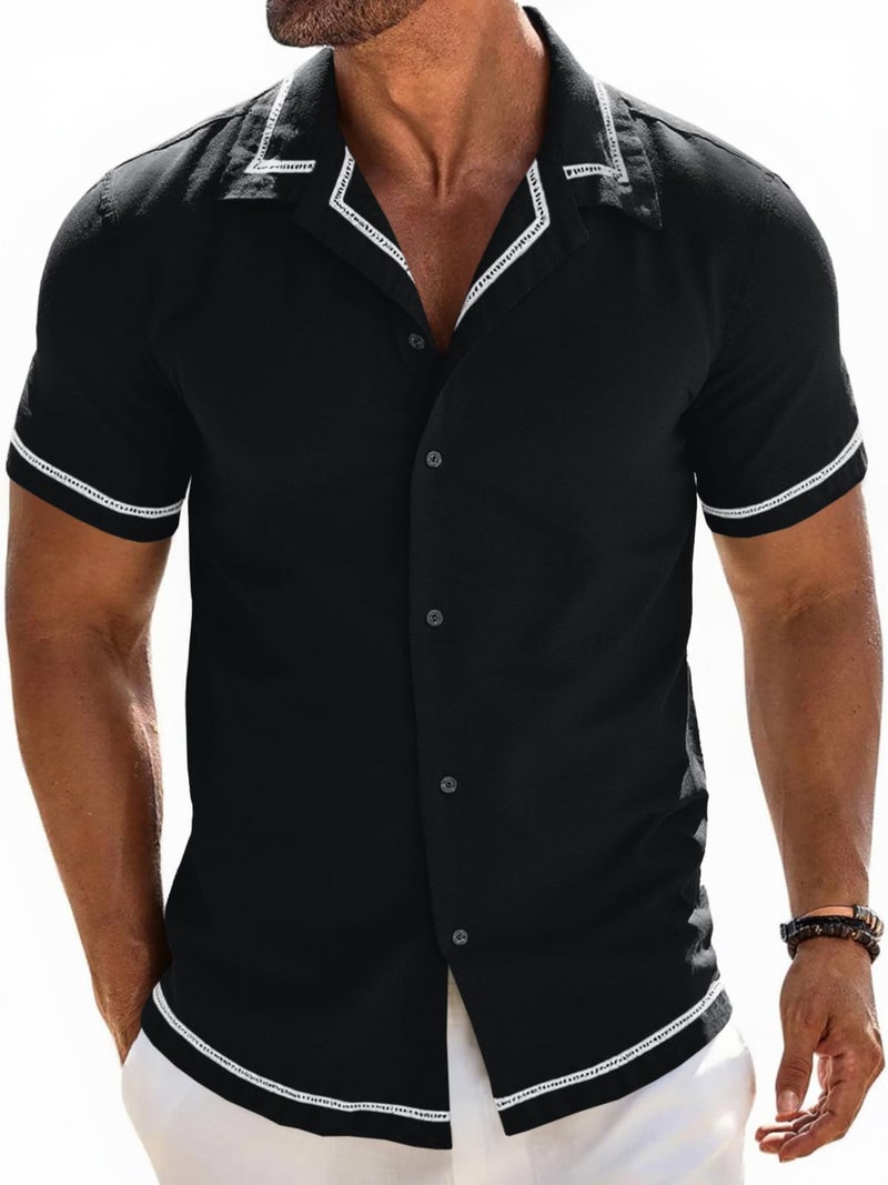 Runcati Mens Short Sleeve Shirt Button Down Casual Cuban Linen Shirts Summer Beach Vacation Tops Black - Image 1