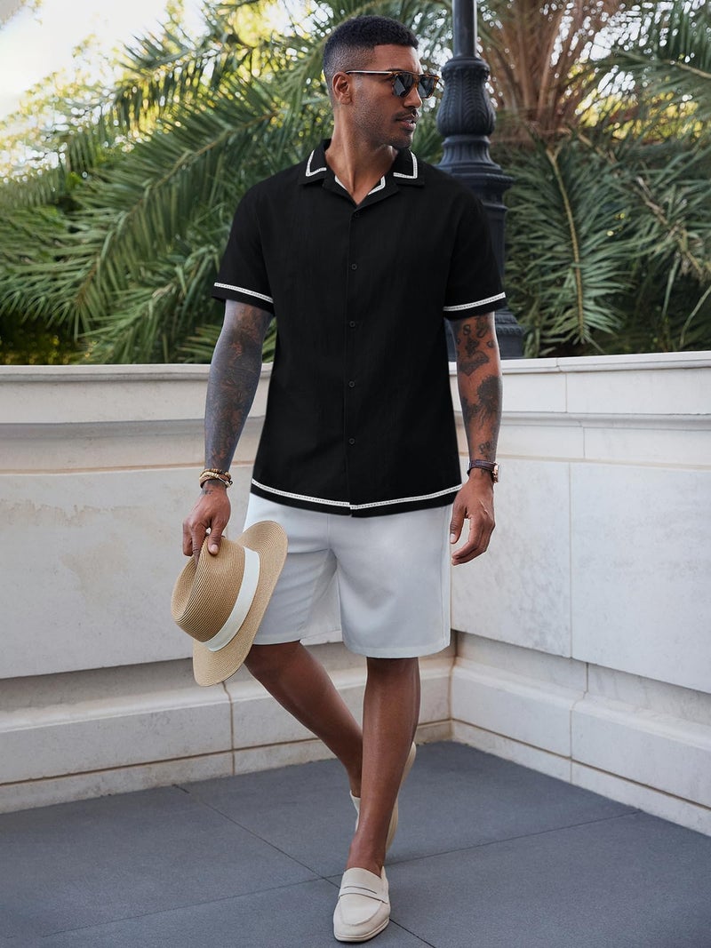 Runcati Mens Short Sleeve Shirt Button Down Casual Cuban Linen Shirts Summer Beach Vacation Tops Black - Image 5