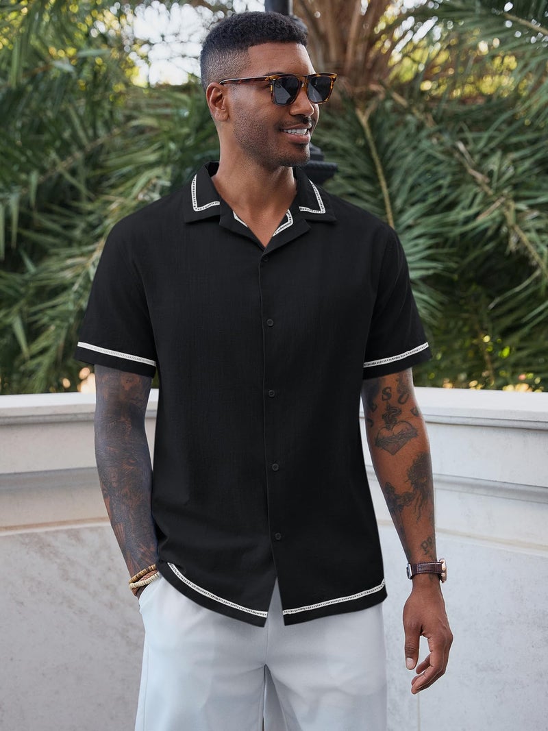 Runcati Mens Short Sleeve Shirt Button Down Casual Cuban Linen Shirts Summer Beach Vacation Tops Black - Image 3