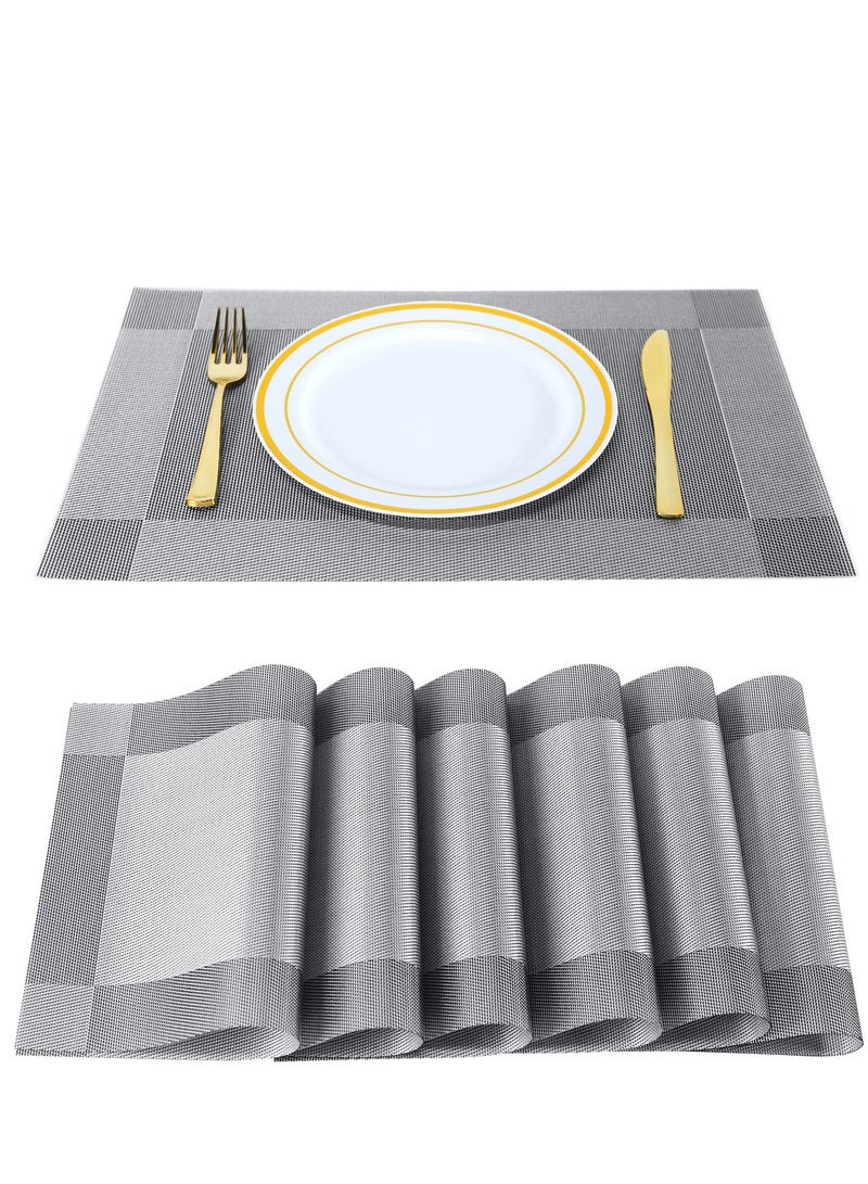 Placemats, Kitchen Dining Table Mats, Heat Resistant Slip-Resistant Stain Washable PVC Table Mats, Easy to Clean Woven Vinyl Placemats (Silver, 6-Pack) - Image 4
