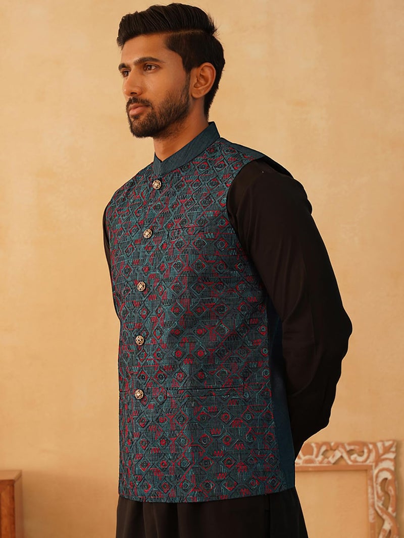 Jompers Men's Embroidered Silk Blend Nehru Jacket - Image 3