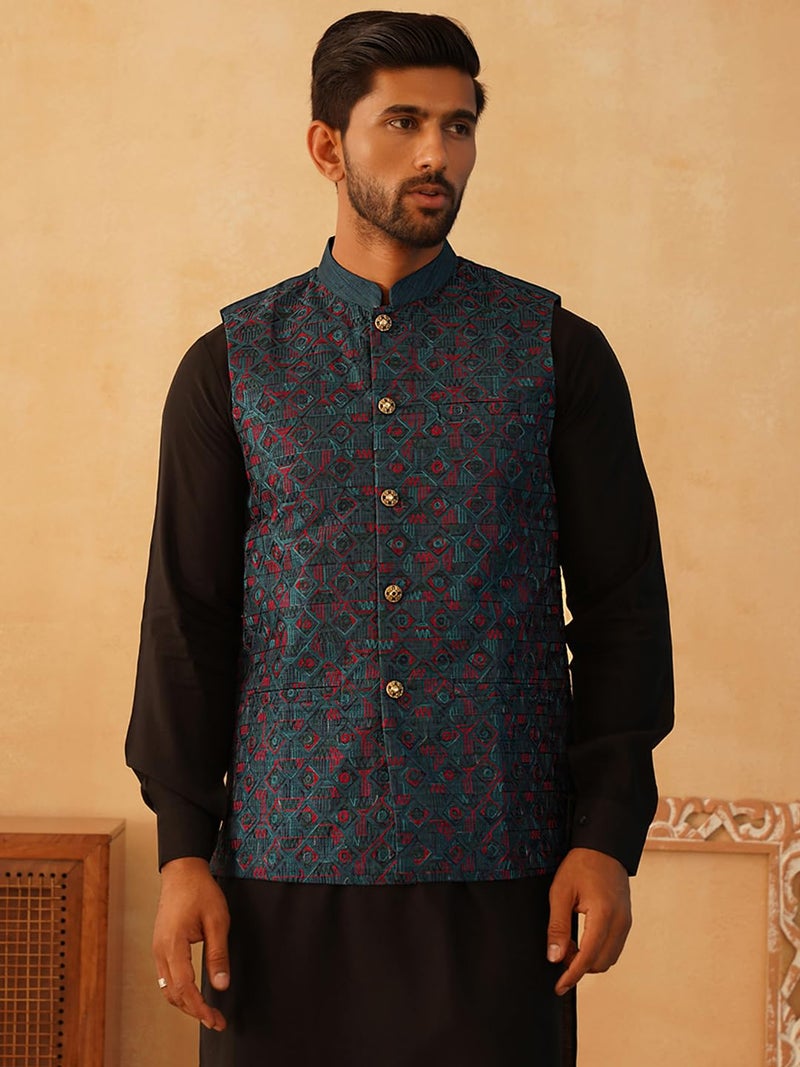 Jompers Men's Embroidered Silk Blend Nehru Jacket - Image 5