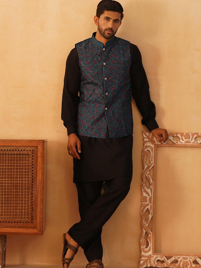 Jompers Men's Embroidered Silk Blend Nehru Jacket - Image 4