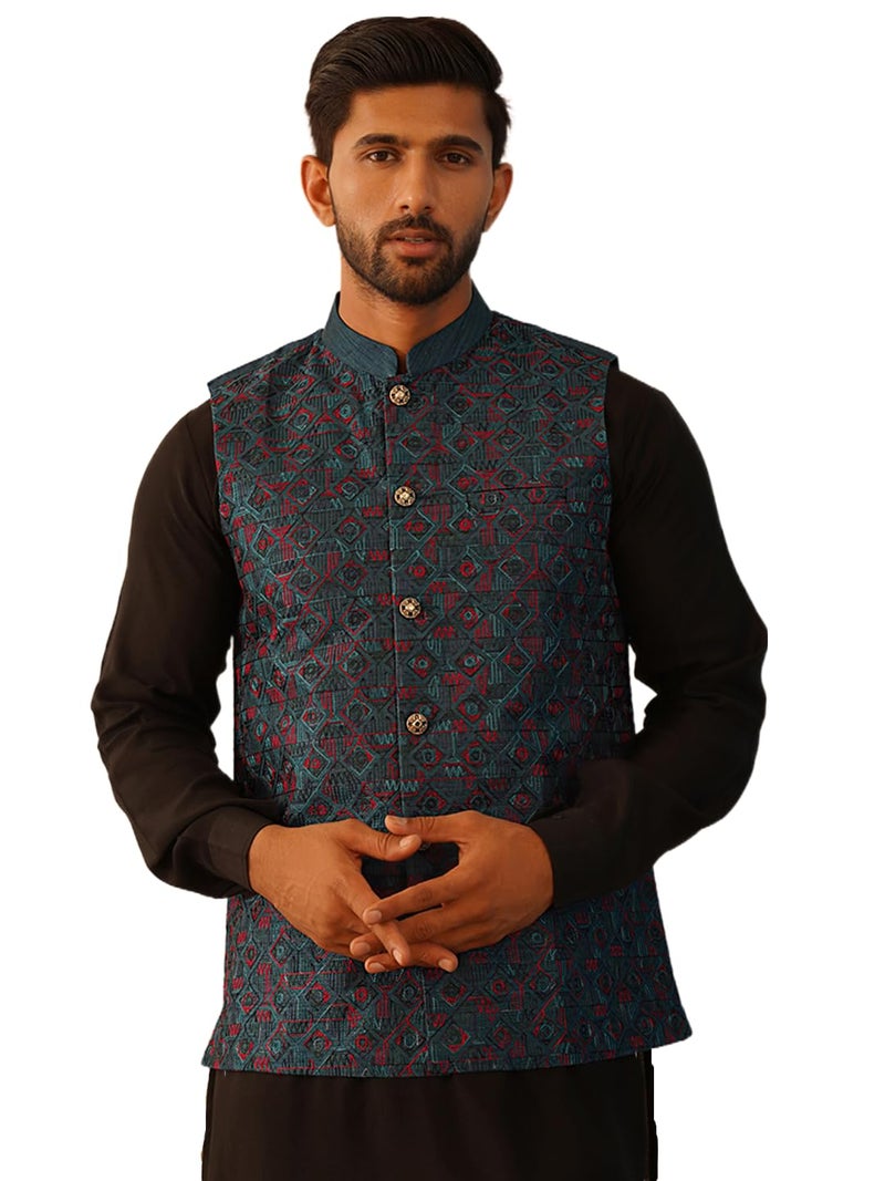 Jompers Men's Embroidered Silk Blend Nehru Jacket - Image 1