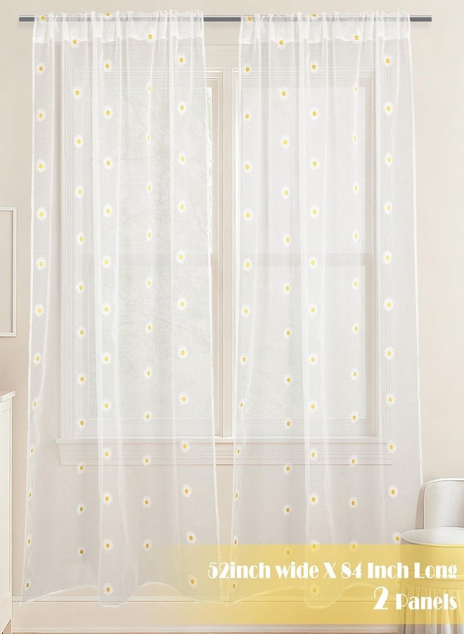 تيجيمي ستائر شفافة من قطعتين من تيغيمي، بلون أبيض عاجي مزين بزهرة الأقحوان، بطول 84 بوصة، مصنوعة من قماش الفوال المطرز، ستائر ربيعية شفافة مزخرفة، مصنوعة من قماش الكتان الصناعي الأبيض، ديكور نافذة نصفية للمنزل والحفلات والمكتب - Image 2