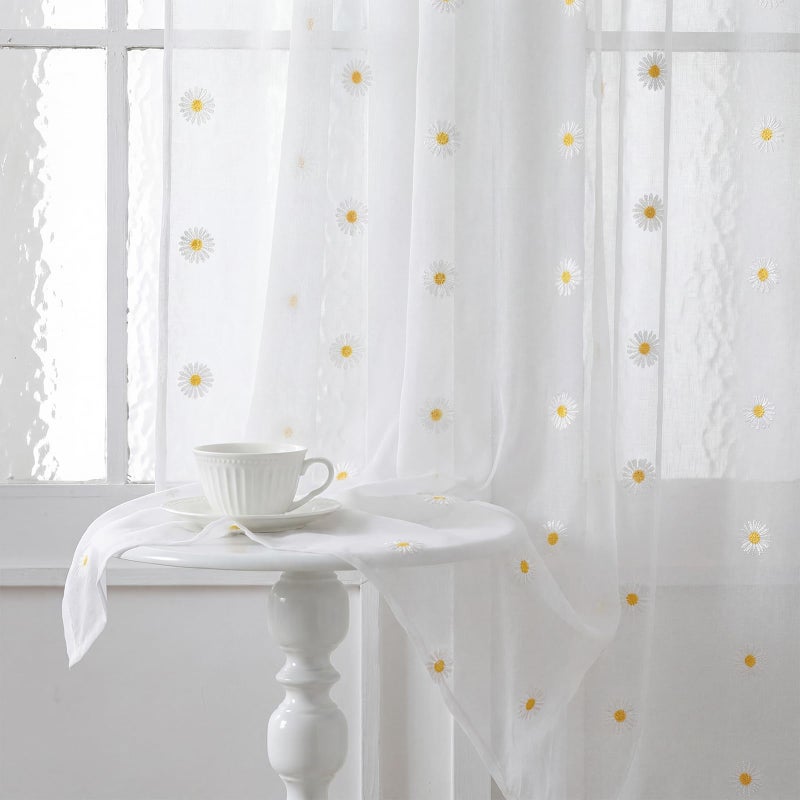 تيجيمي ستائر شفافة من قطعتين من تيغيمي، بلون أبيض عاجي مزين بزهرة الأقحوان، بطول 84 بوصة، مصنوعة من قماش الفوال المطرز، ستائر ربيعية شفافة مزخرفة، مصنوعة من قماش الكتان الصناعي الأبيض، ديكور نافذة نصفية للمنزل والحفلات والمكتب - Image 1