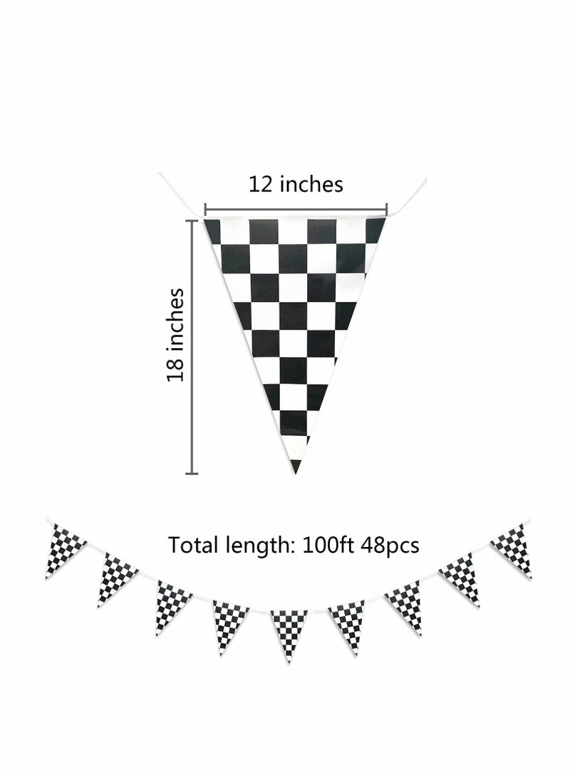 Excefore 30M Black and White Banner with 48 Pcs Triangle Flags, PE Material Banners for Race Car Competitiony, Outdoor and Indoor Activity, Birthday Decorate, Wedding, Party Decoration - Image 2