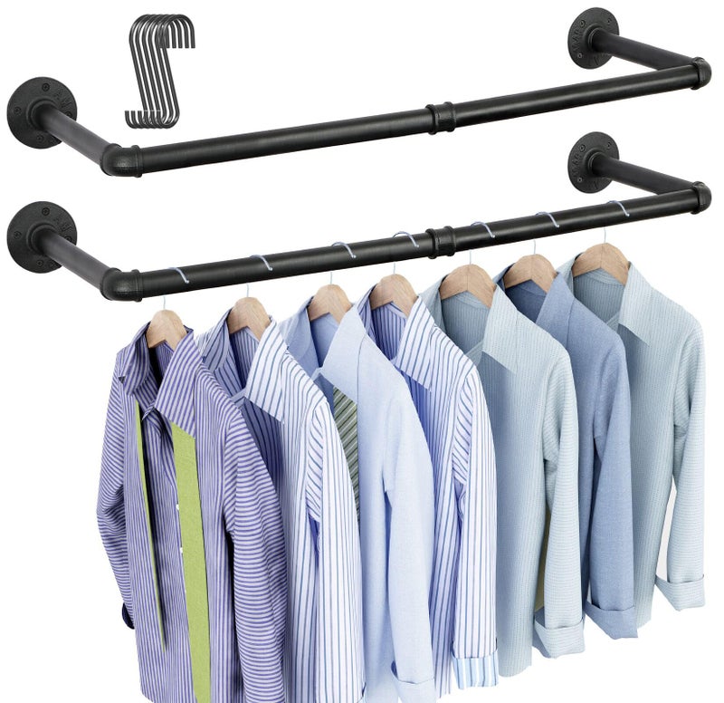 OROPY Industrial Pipe Clothes Rack Wall Mounted Set of 2, 38.4 inches Heavy Duty Iron Pipe Clothing Garment Rail, Multi-Purpose Clothing Hanging Rod for Laundry Room and Closet Storage - Image 1