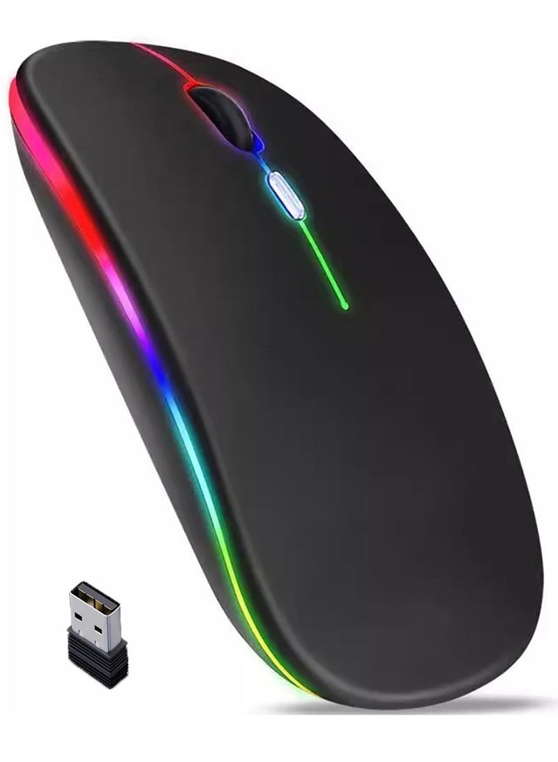 Wireless Bluetooth Mouse, LED Slim Dual Mode (Bluetooth 5.0 + USB) 2.4GHz Rechargeable Silent Bluetooth Wireless Mouse, Computer Mice with USB Receiver (Black) - Image 1