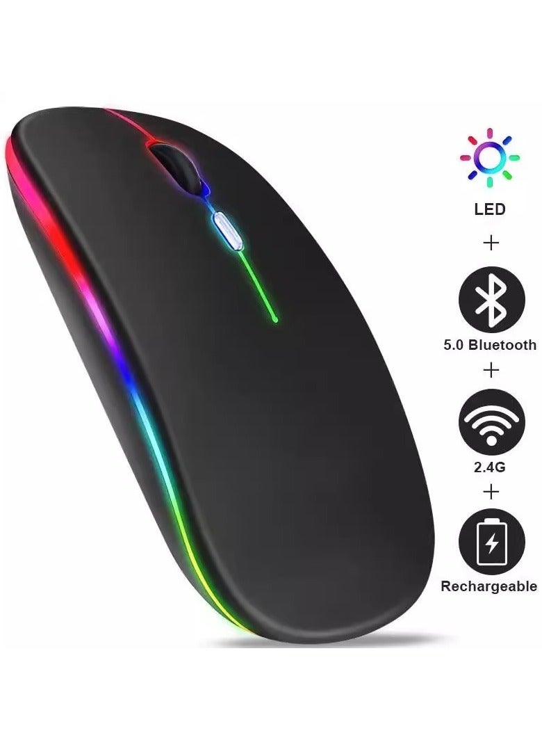 Wireless Bluetooth Mouse, LED Slim Dual Mode (Bluetooth 5.0 + USB) 2.4GHz Rechargeable Silent Bluetooth Wireless Mouse, Computer Mice with USB Receiver (Black) - Image 2