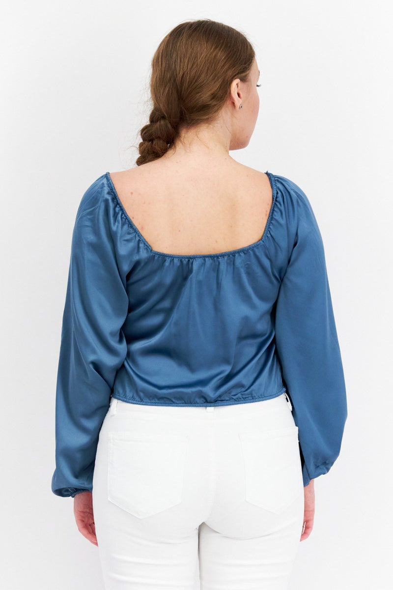 Hippie Rose Women V-Nek Long Sleeves Plain Top, Teal Blue  - Image 2