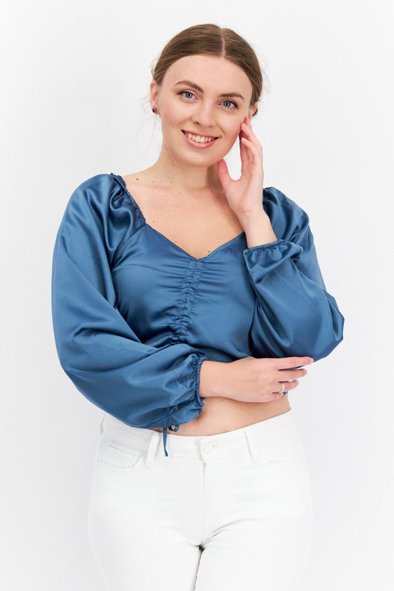 Hippie Rose Women V-Nek Long Sleeves Plain Top, Teal Blue  - Image 1
