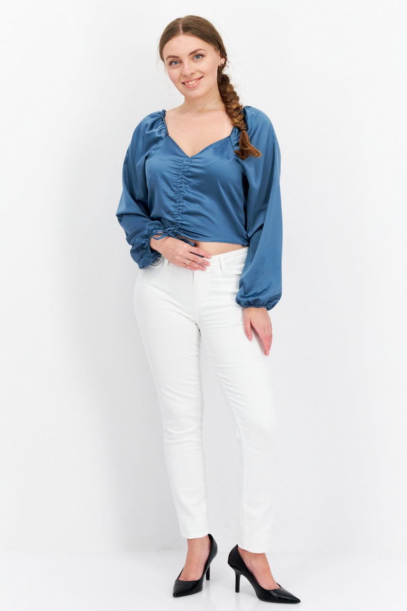 Hippie Rose Women V-Nek Long Sleeves Plain Top, Teal Blue  - Image 3
