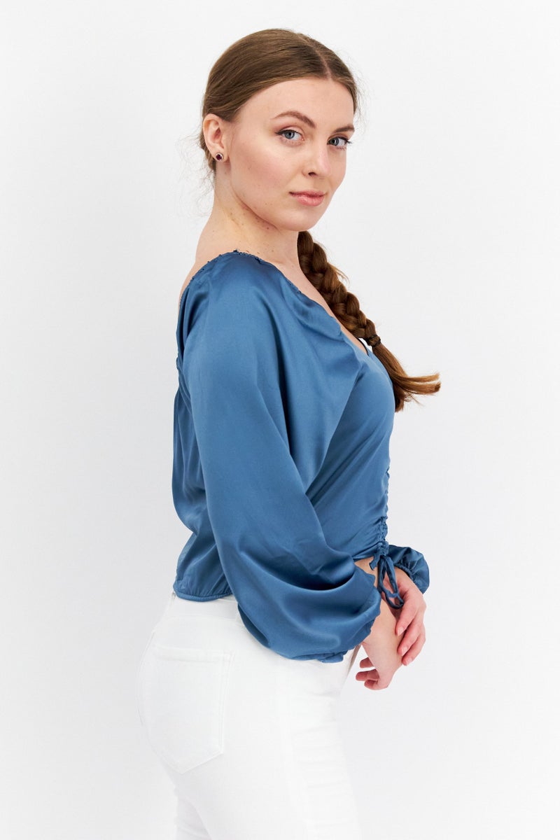 Hippie Rose Women V-Nek Long Sleeves Plain Top, Teal Blue  - Image 4