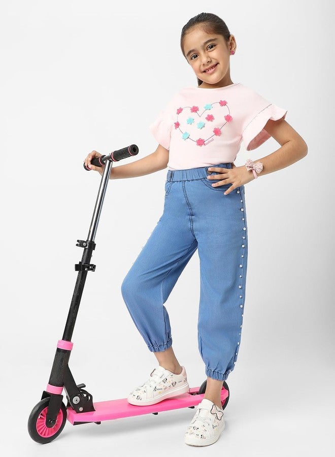 Nautinati Girls Cotton Denim Jogger Jeans with Pearl Sequins - Image 2