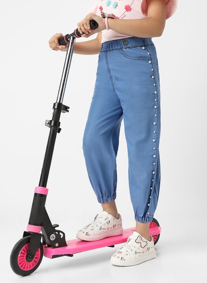 Nautinati Girls Cotton Denim Jogger Jeans with Pearl Sequins - Image 3