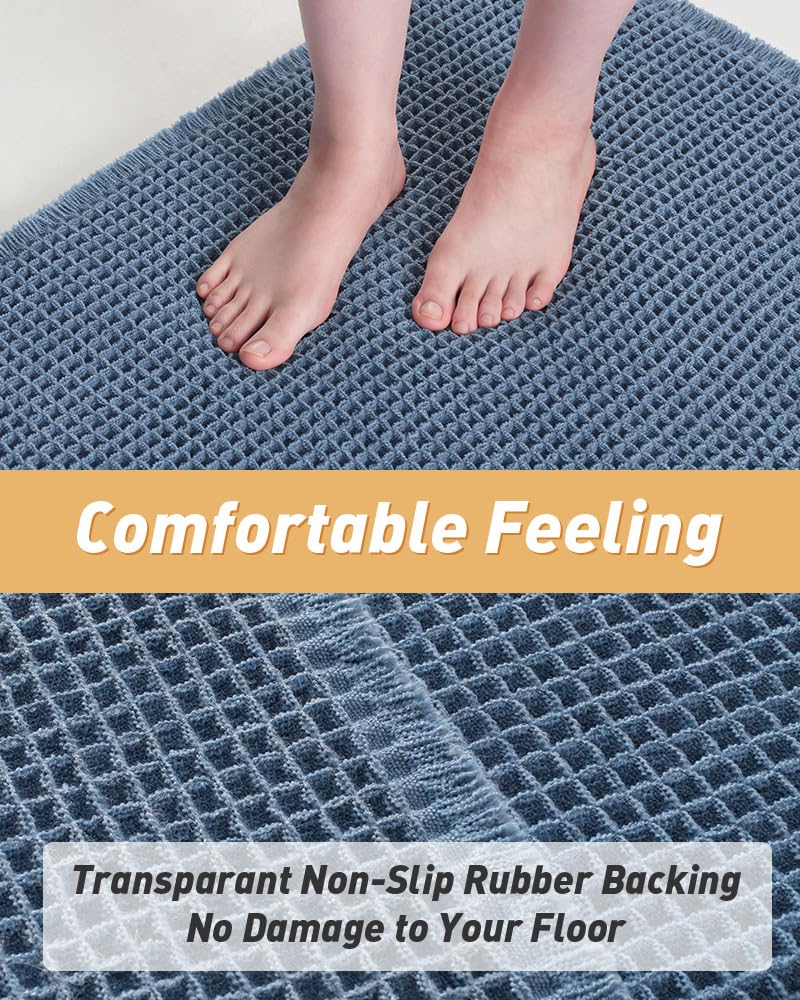 AMOAMI Upgraded Waffle Bath Mat, Super Absorbent Non Slip Bath Mats for Bathroom Floor, Machine Washable Bathroom Rugs with Tassels, Rubber Backed Bathroom Mats, Ultra Soft, 17" x 24", Blue - Image 3