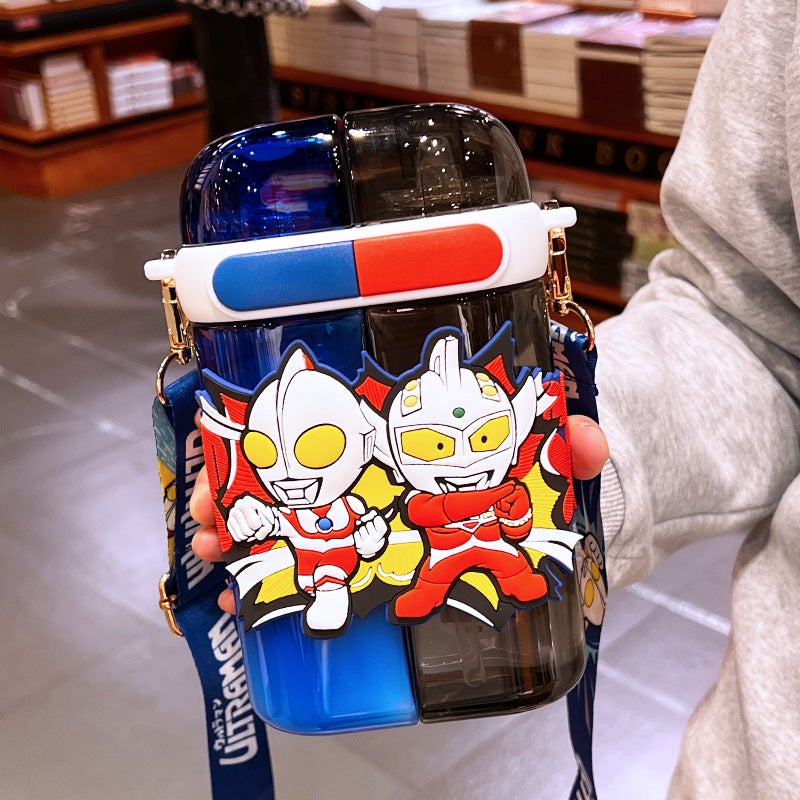 Aicos Square Straw Cup Large-Capacity Dual-Drink Ultraman blue
