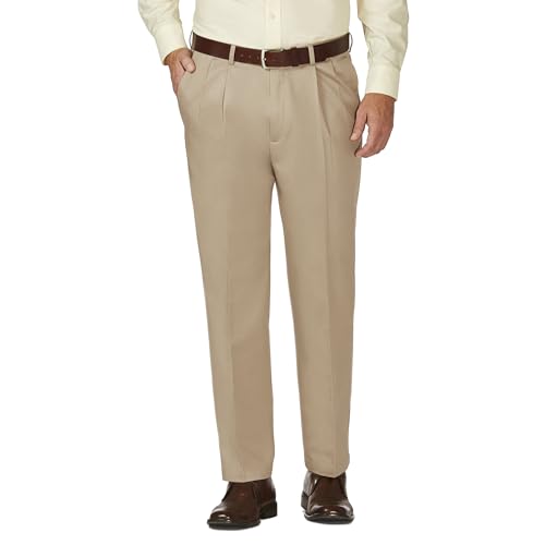 Haggar mens Work To Weekend Khaki Classic Fit No Iron Hidden Expandable Waistband Pleated Front Pant, Khaki, 38x29 - Image 1