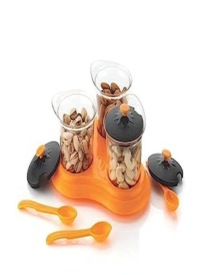 QUALIZA Multipurpose Pickle Dining Set Jar and Tray Holder, Plastic Spice Storage Rack 3 Piece / 3 jar Condiment Set For Chutneys/Pickles/Spices Jar pickle jar with lid & 3 spoon - Image 1