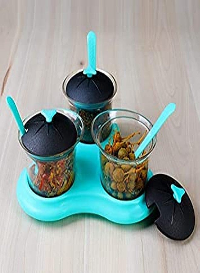 QUALIZA Multipurpose Pickle Dining Set Jar and Tray Holder, Plastic Spice Storage Rack 3 Piece / 3 jar Condiment Set For Chutneys/Pickles/Spices Jar pickle jar with lid & 3 spoon - Image 2