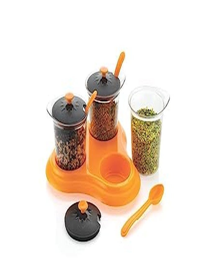 QUALIZA Multipurpose Pickle Dining Set Jar and Tray Holder, Plastic Spice Storage Rack 3 Piece / 3 jar Condiment Set For Chutneys/Pickles/Spices Jar pickle jar with lid & 3 spoon - Image 4