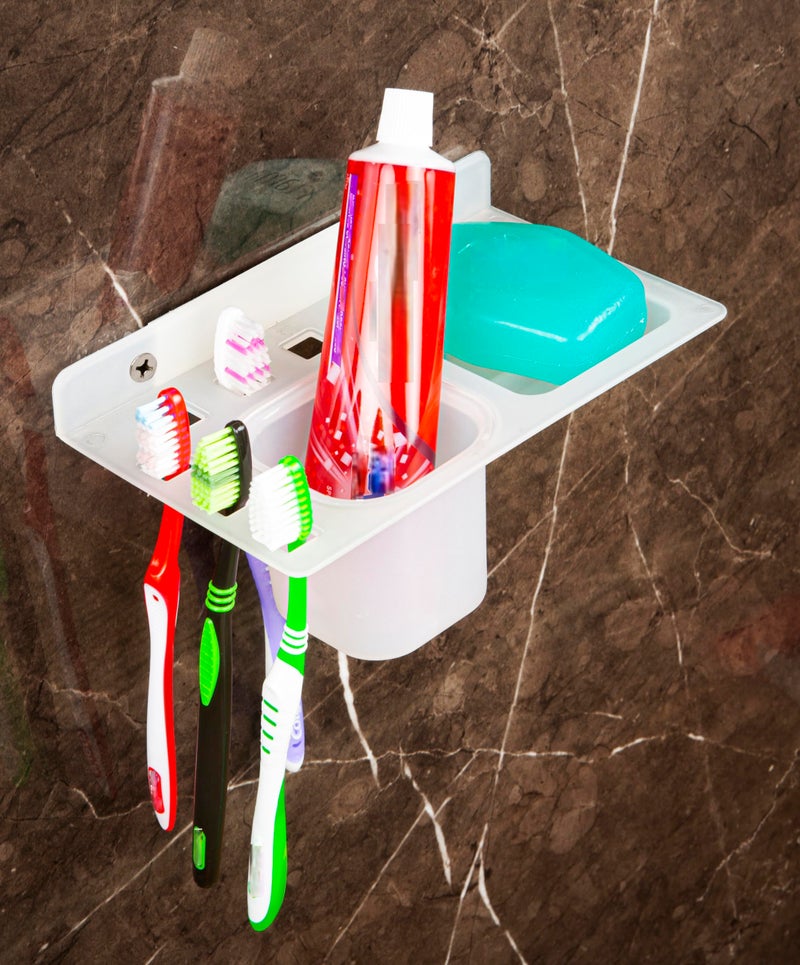 HAPPI Unbreakable ABS Plastic 3 in 1 Soap Dish Holder Glass Tumbler and Tooth Brush Holders, Soap Stand, Soap Case, Soap Holder Stand Wall Mounted for Bathroom (White) - Image 1
